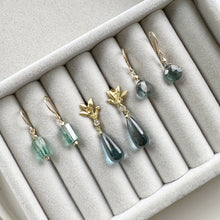 Load image into Gallery viewer, Moss Aquamarine Deep Blue Drop Earrings in 9 carat Solid Gold with Gold Nuggets