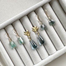 Load image into Gallery viewer, Moss Aquamarine Deep Blue Drop Earrings in 9 carat Solid Gold with Gold Nuggets