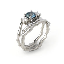 Load image into Gallery viewer, Cherry Twig Engagement and Wedding Ring Set in Platinum with Montana Sapphire and Canadamark Diamonds
