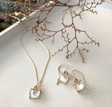 Load image into Gallery viewer, Drop earrings with square cushion cut white topaz with twig detail