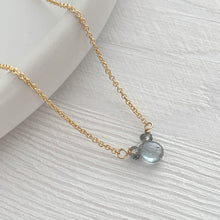 Load image into Gallery viewer, Sapphire Smooth Briolette 3-Stone Drop Necklace with Gold Chain