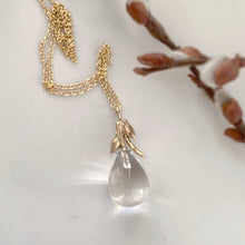 Load image into Gallery viewer, Willow Twig Drop Necklace in Solid Gold with Crystal Quartz