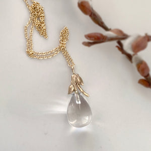 Willow Twig Drop Necklace in Solid Gold with Crystal Quartz