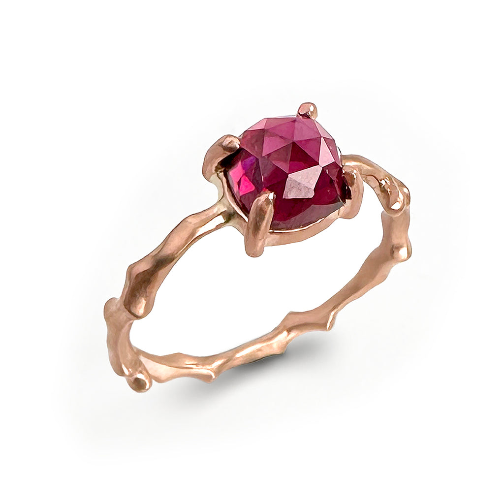 Cherry Twig Ring with Square Cushion Rhodolite Garnet