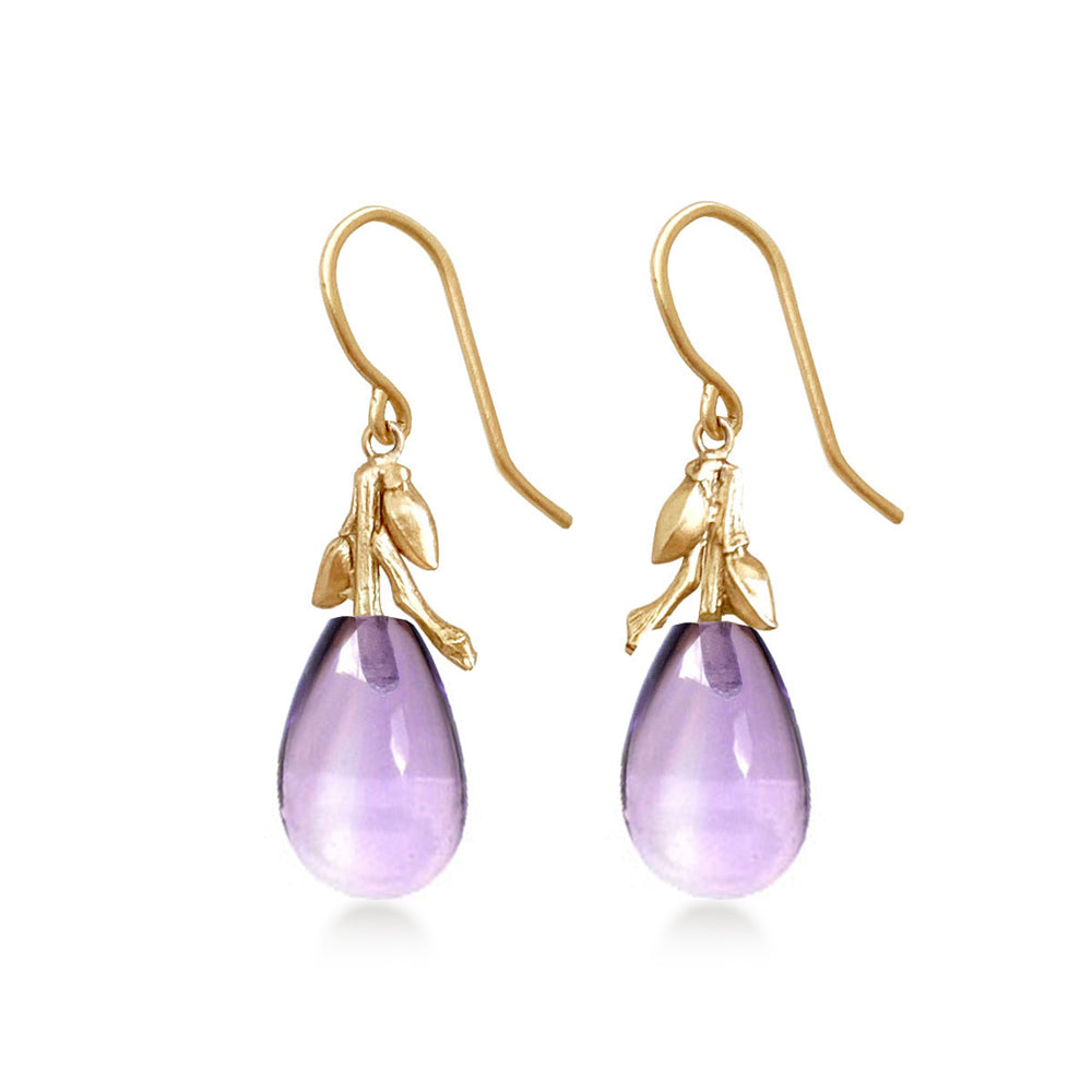 Willow Twig Drop Earrings in Solid Gold with Amethyst
