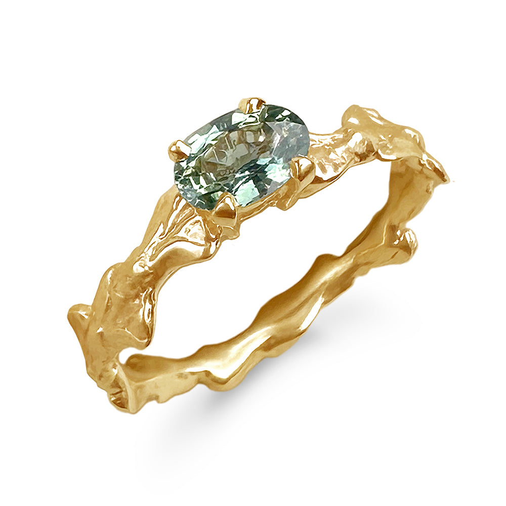 Conifer Leaf Engagement Ring in 9 carat Gold with Oval Green Sapphire