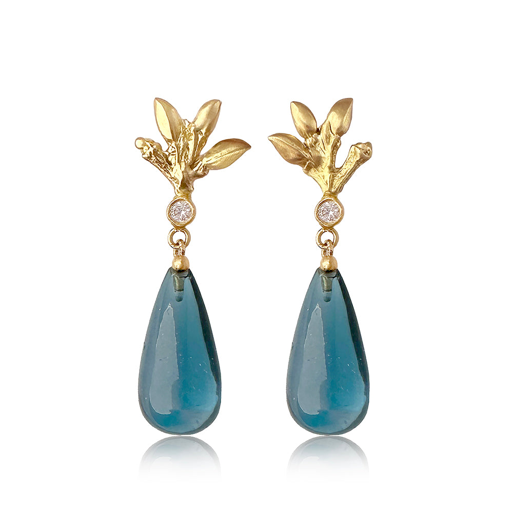 Willow Twig Drop Earrings in Solid 18 Carat Gold with London Blue Topaz