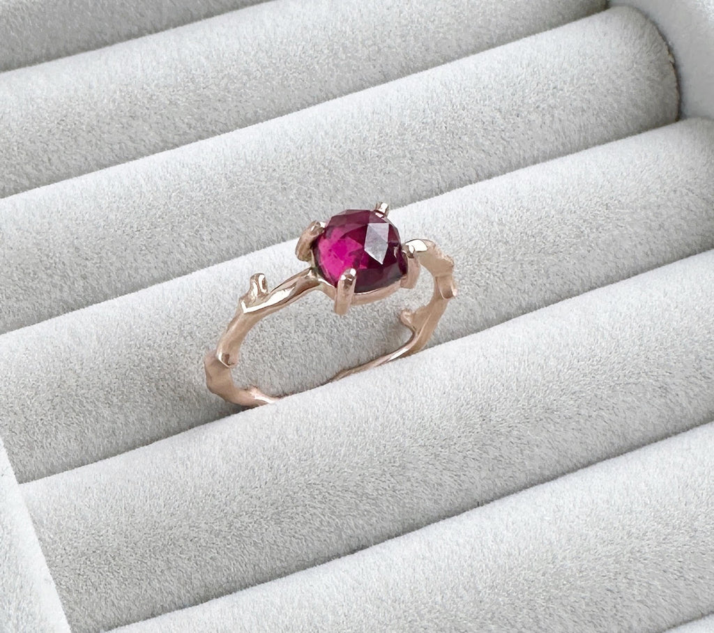 Cherry Twig Ring with Square Cushion Rhodolite Garnet