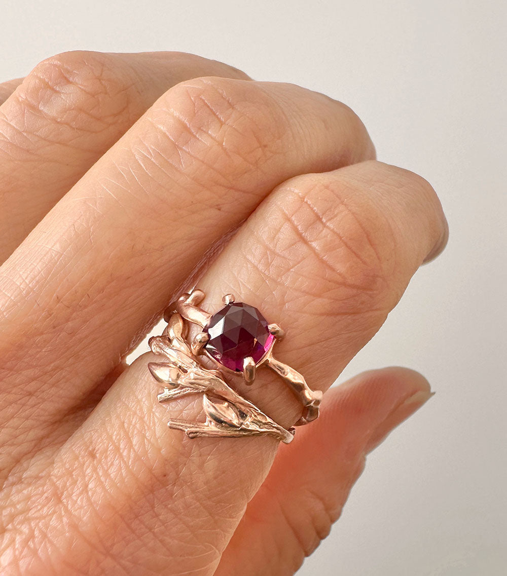 Cherry Twig Ring with Square Cushion Rhodolite Garnet