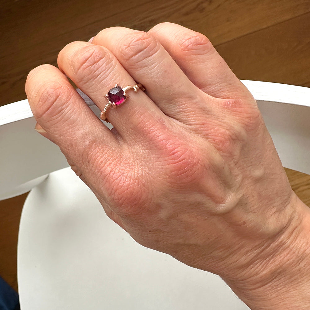Cherry Twig Ring with Square Cushion Rhodolite Garnet