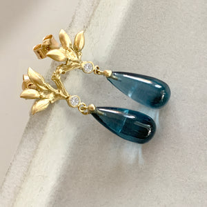 Willow Twig Drop Earrings in Solid 18 Carat Gold with London Blue Topaz