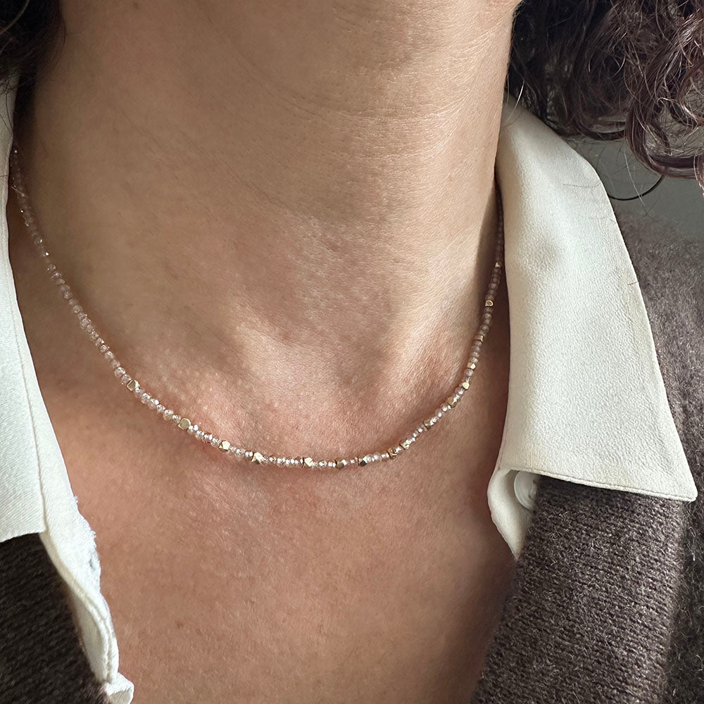 Nugget Necklace with Champagne Zircon and Solid Gold Nugget Beads