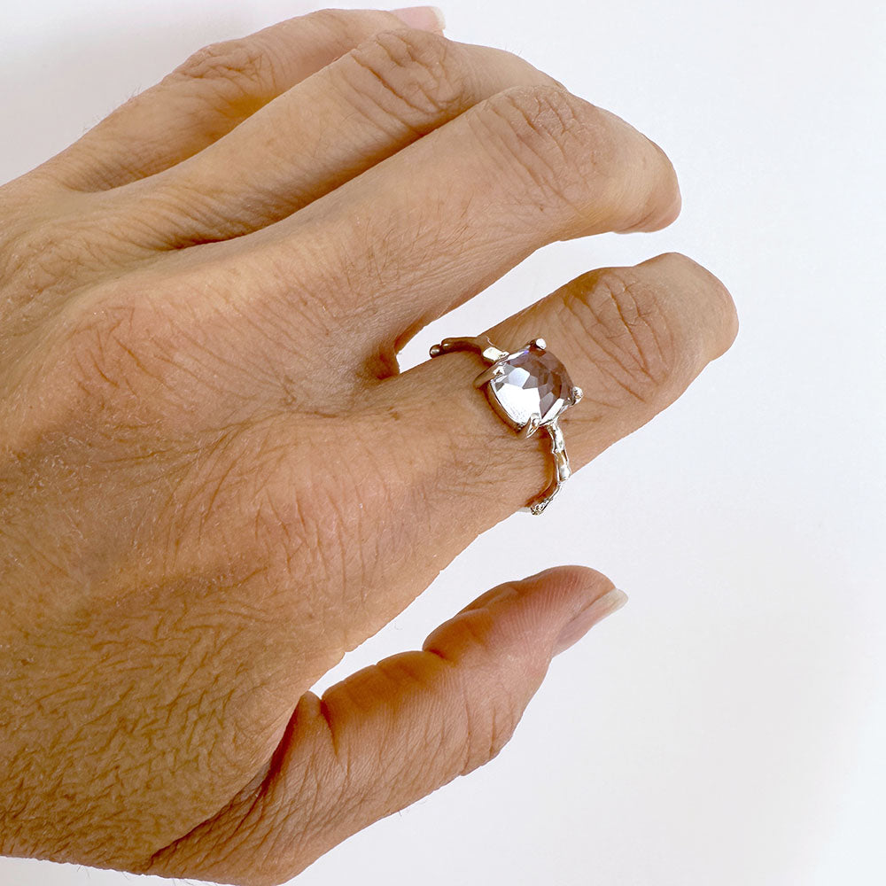 Twig Engagement Ring Twig Ring in 9 carat gold with Cushion Cut White Topaz