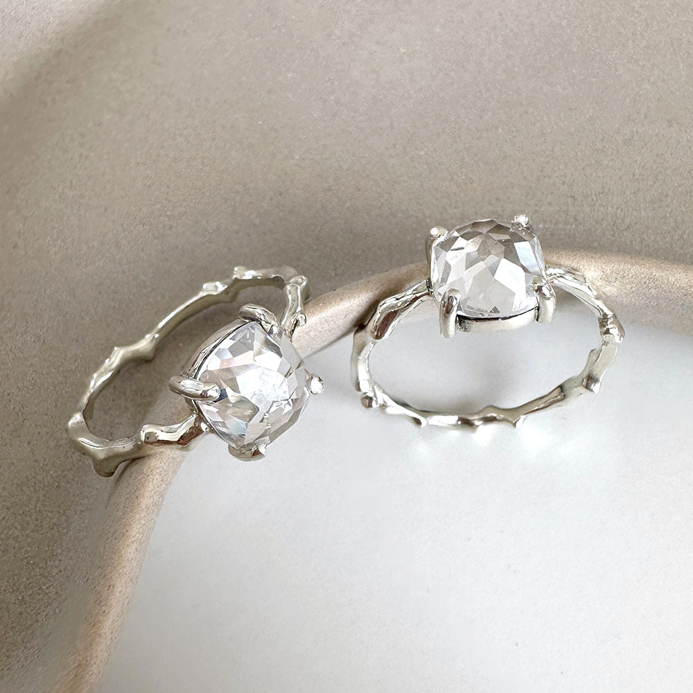 Twig Engagement Ring Twig Ring in 9 carat gold with Cushion Cut White Topaz