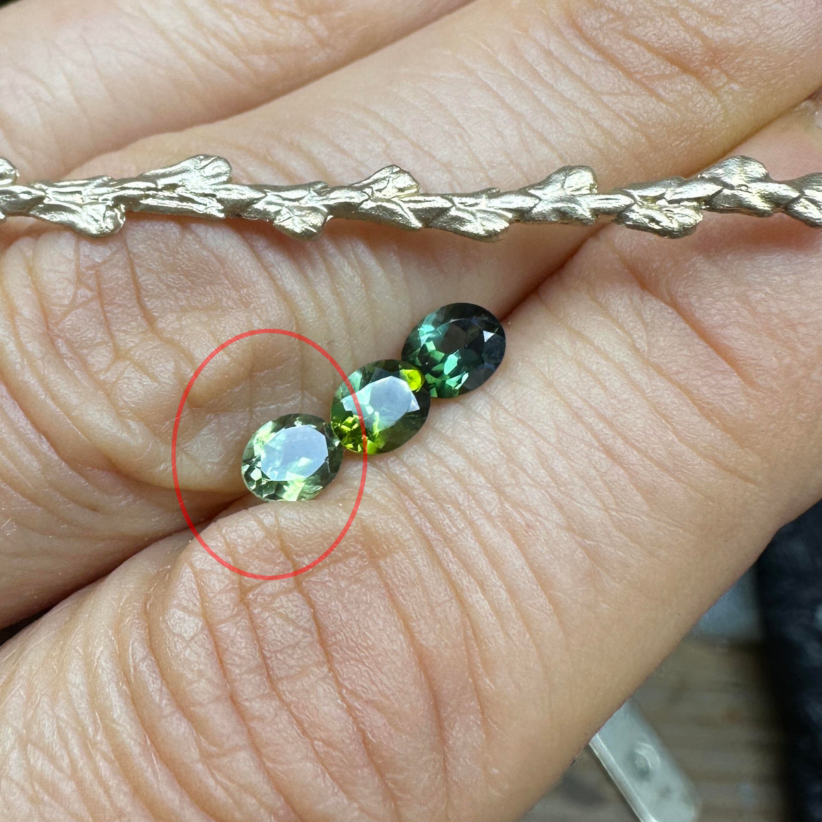 Conifer Leaf Engagement Ring in 9 carat Gold with Oval Green Tourmaline - special listing for Poppy