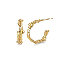 Load image into Gallery viewer, small gold leaf textured hoop earrings 
