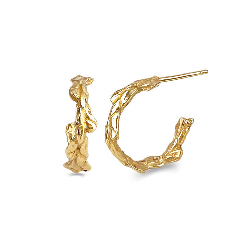 small gold leaf textured hoop earrings 