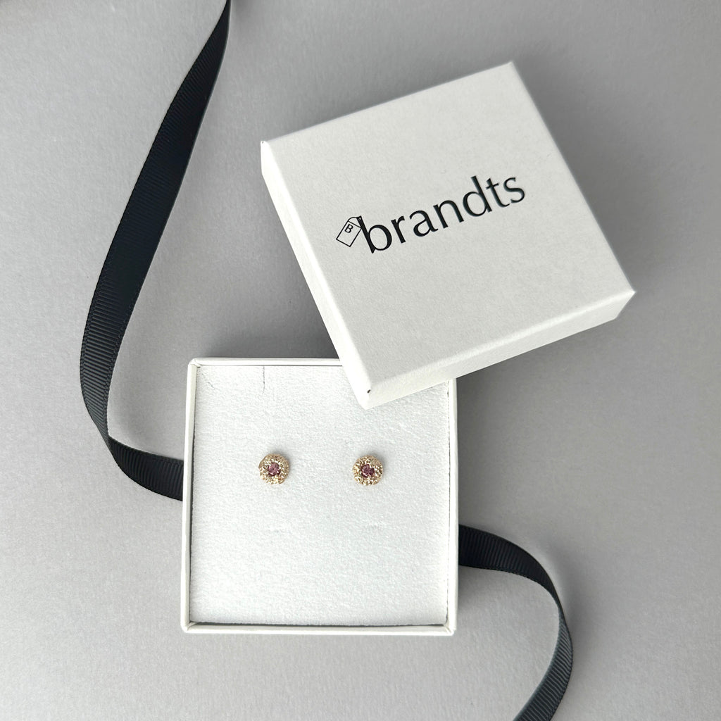 Marigold Flower Seed Head Ear Studs with Padparadscha Sapphires