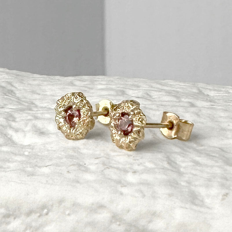 Marigold Flower Seed Head Ear Studs with Padparadscha Sapphires