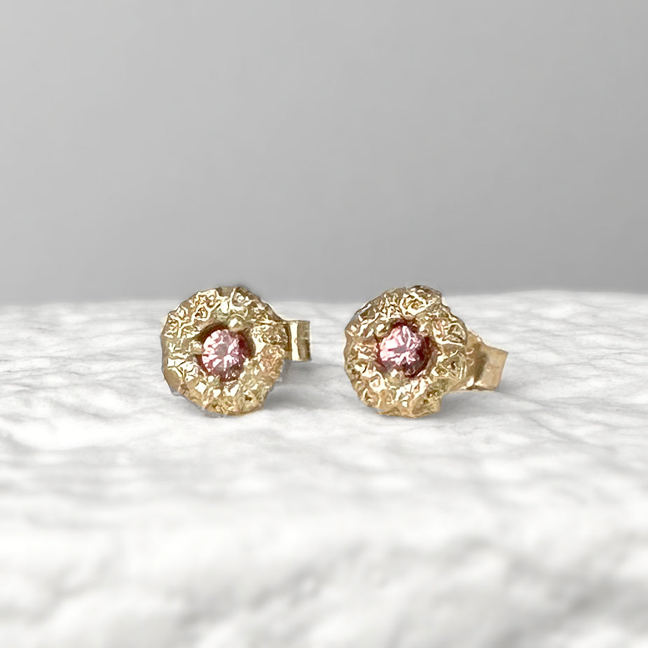 Marigold Flower Seed Head Ear Studs with Padparadscha Sapphires