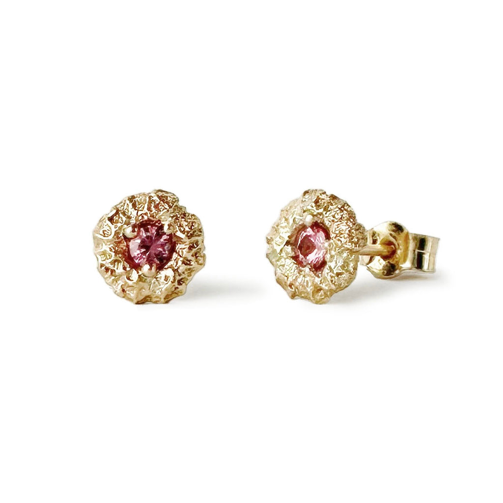 Marigold Flower Seed Head Ear Studs with Padparadscha Sapphires