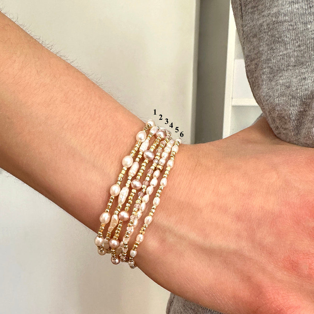 Stretch Bracelet with Medium Oval Freshwater Pearls and Metallic Nugget Beads