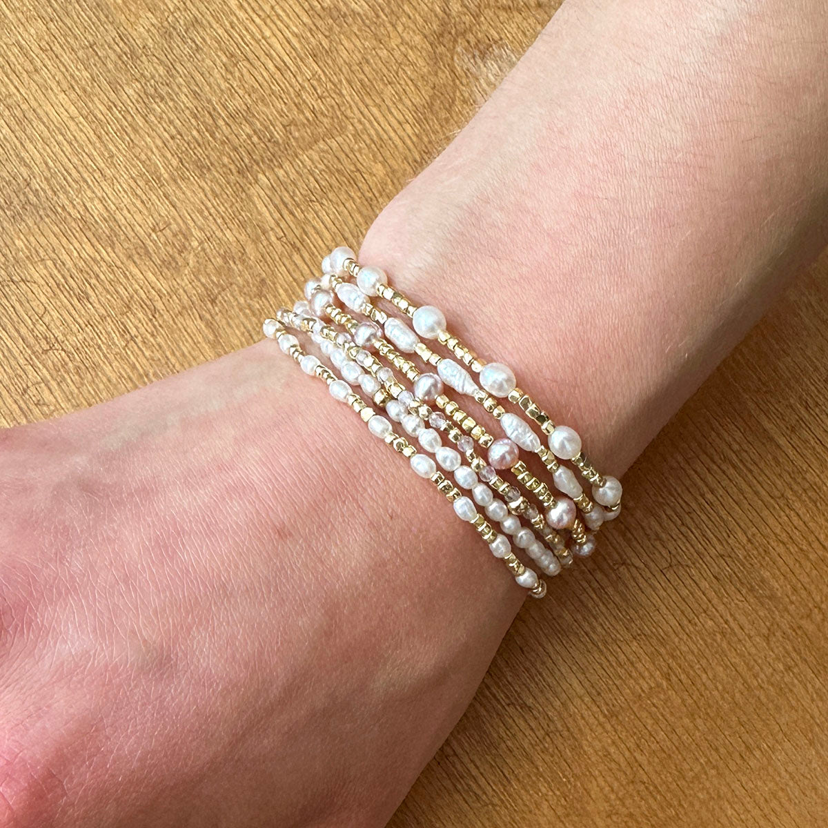 Stretch Bracelet with Medium Oval Freshwater Pearls and Metallic Nugget Beads