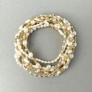 Gemstone Beaded Stretch Bracelet Oval Freshwater Pearls with Gold Nugget Beads