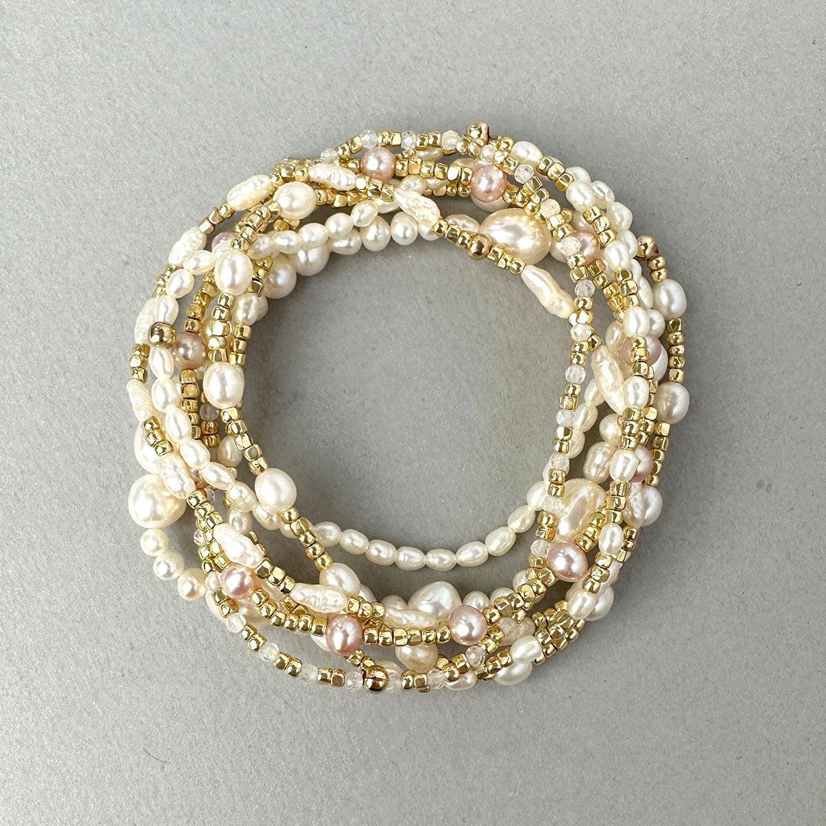 Stretch Bracelet with Freshwater Pearl Rice Beads with Metallic Nugget Beads