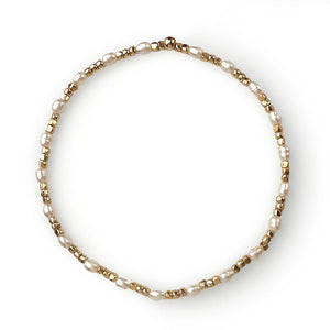 Gemstone Beaded Stretch Bracelet Small Oval Freshwater Pearls with Gold Nugget Beads