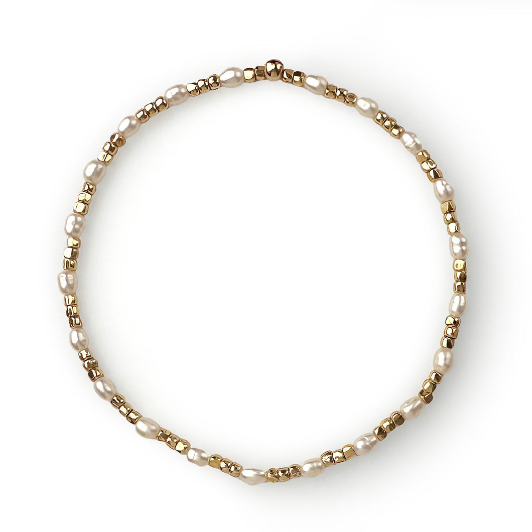 Gemstone Beaded Stretch Bracelet Small Oval Freshwater Pearls with Gold Nugget Beads