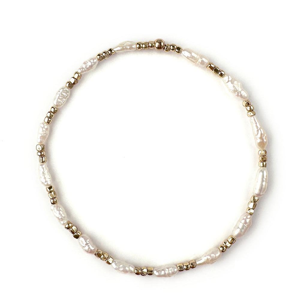 Stretch Bracelet with Freshwater Pearl Rice Beads with Metallic Nugget Beads