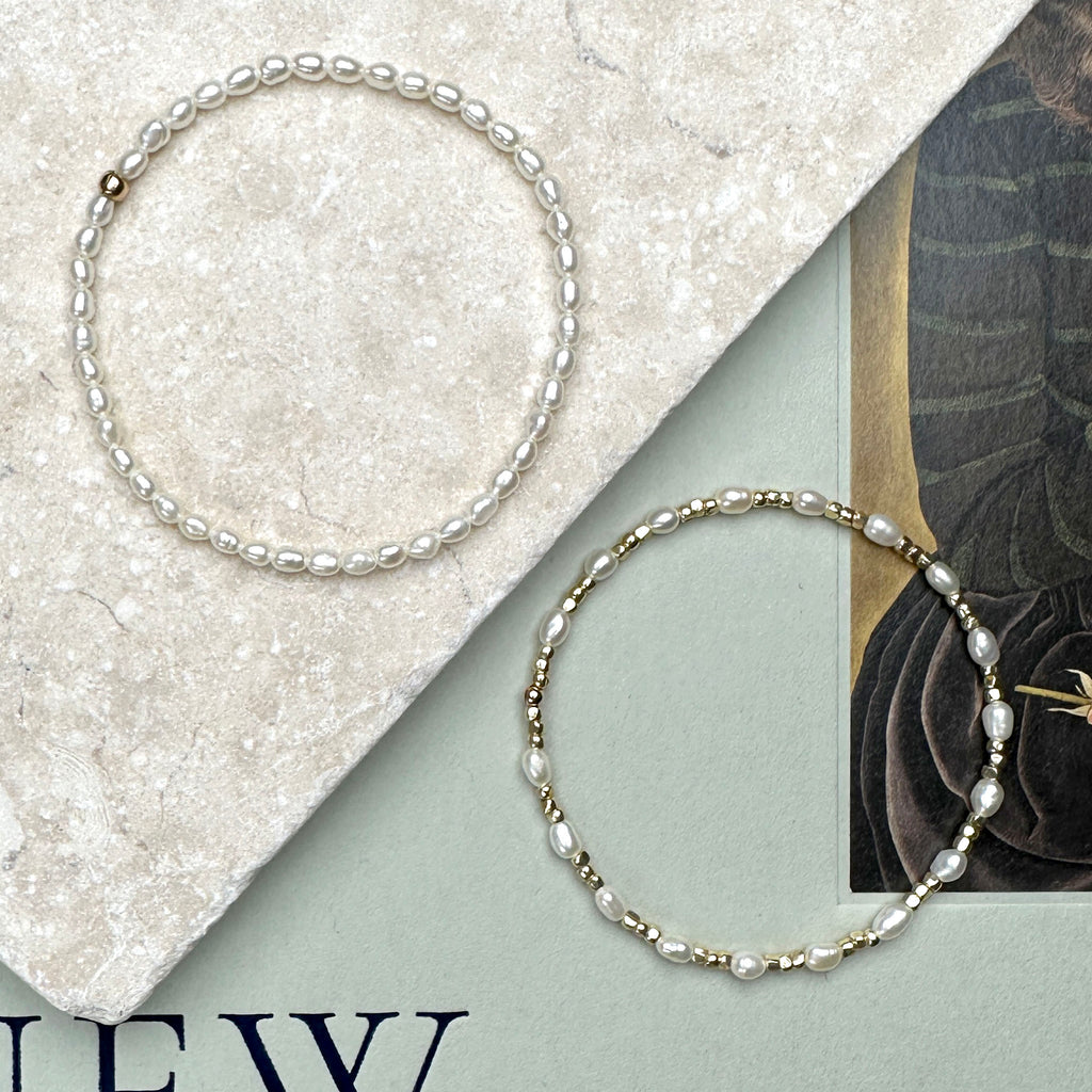 Stretch Bracelet with Small Oval Pearls and Metallic Nugget Beads