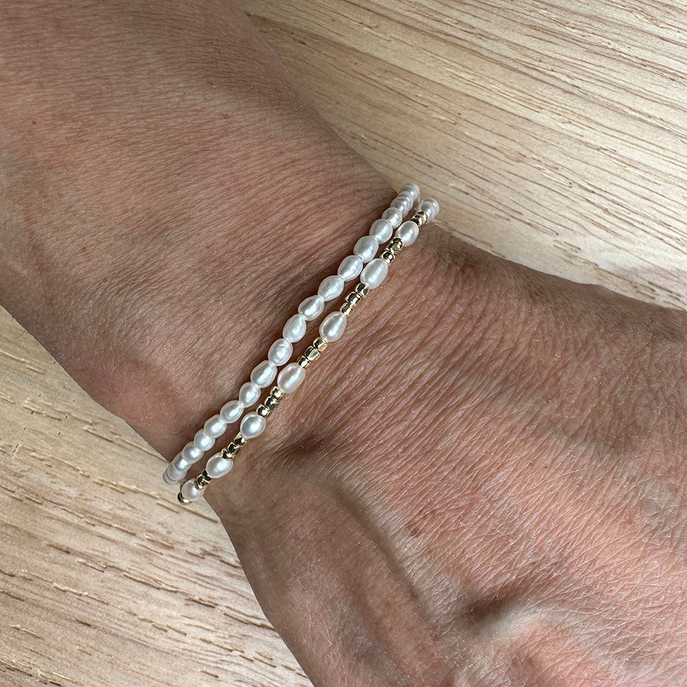 Stretch Bracelet with Small Oval Pearls and Metallic Nugget Beads