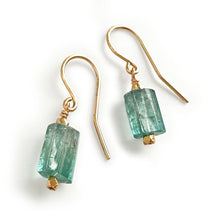 Load image into Gallery viewer, Indicolite Tourmaline Raw Crystal Drop Earrings in 9 carat Solid Gold with Gold Nuggets
