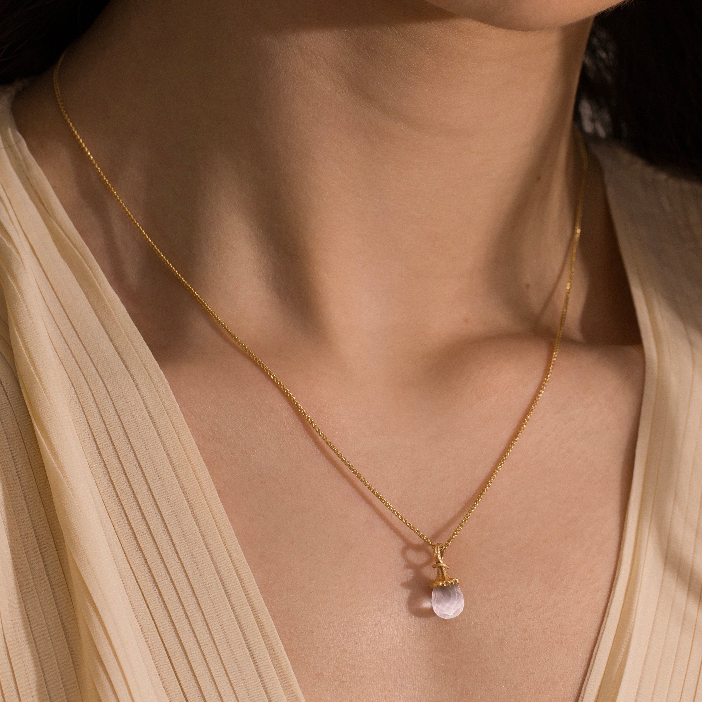 Marigold Twig Drop Necklace with Rose Quartz Drop