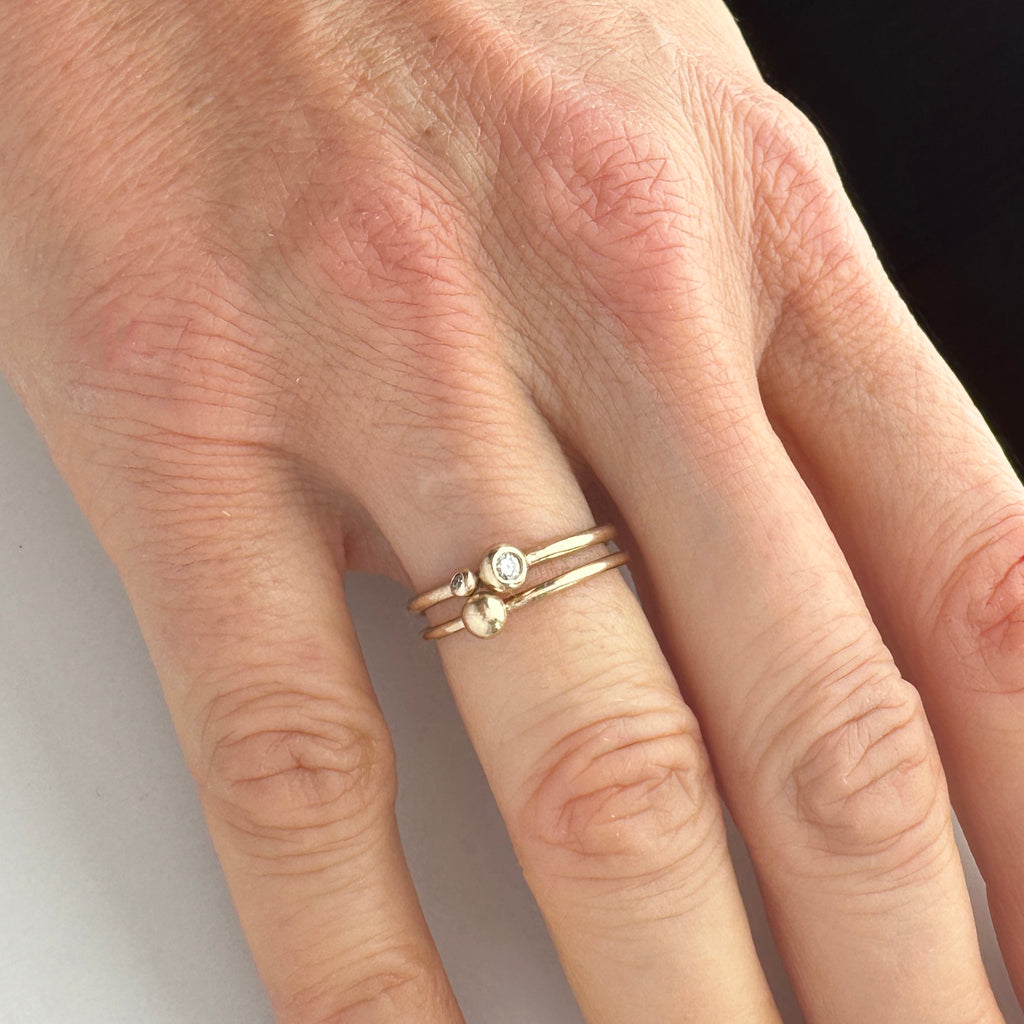 Molten Gold Stacking Ring with Two Solid Gold Beads with Diamonds