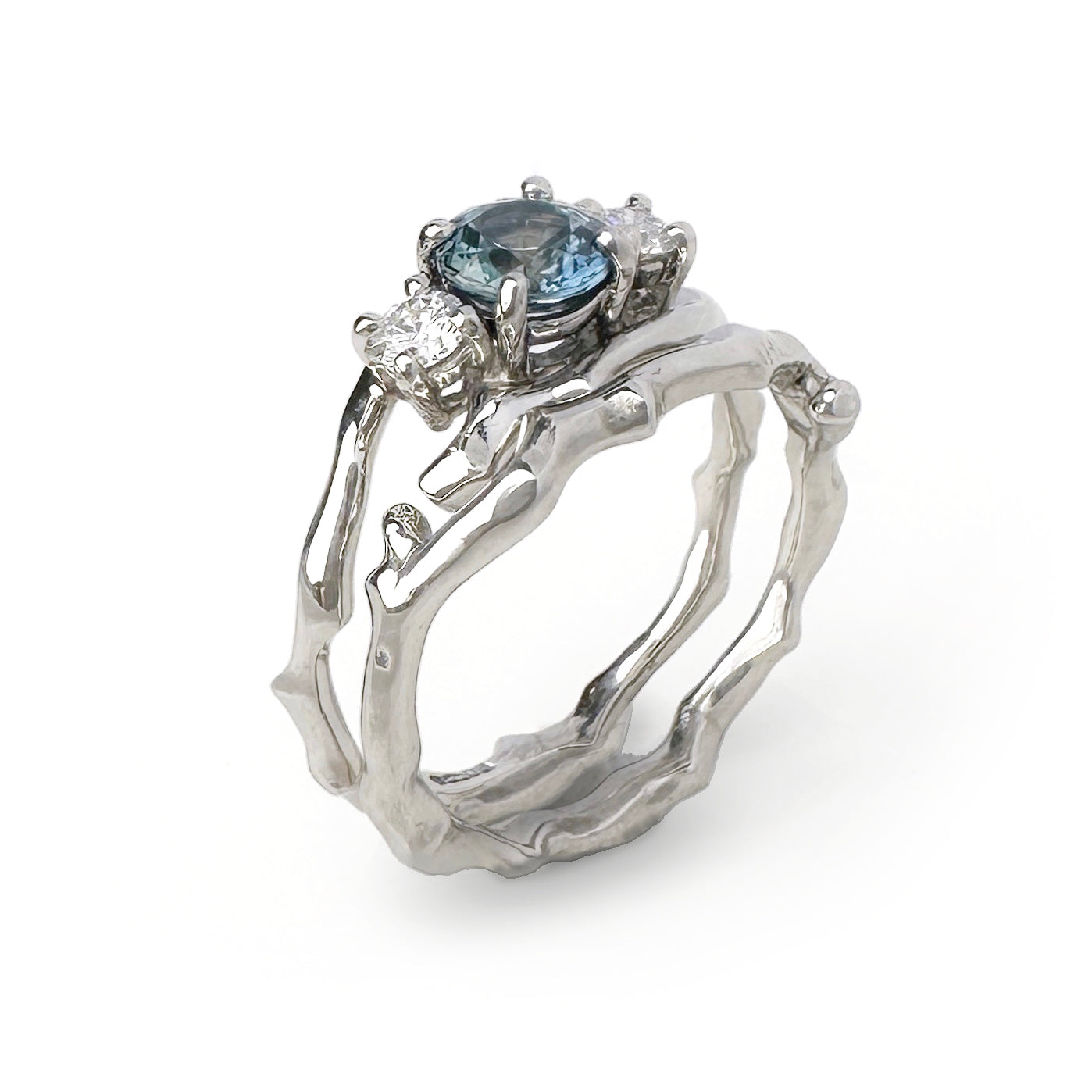 Cherry Twig Engagement and Wedding Ring Set in Platinum with Montana Sapphire and Canadamark Diamonds