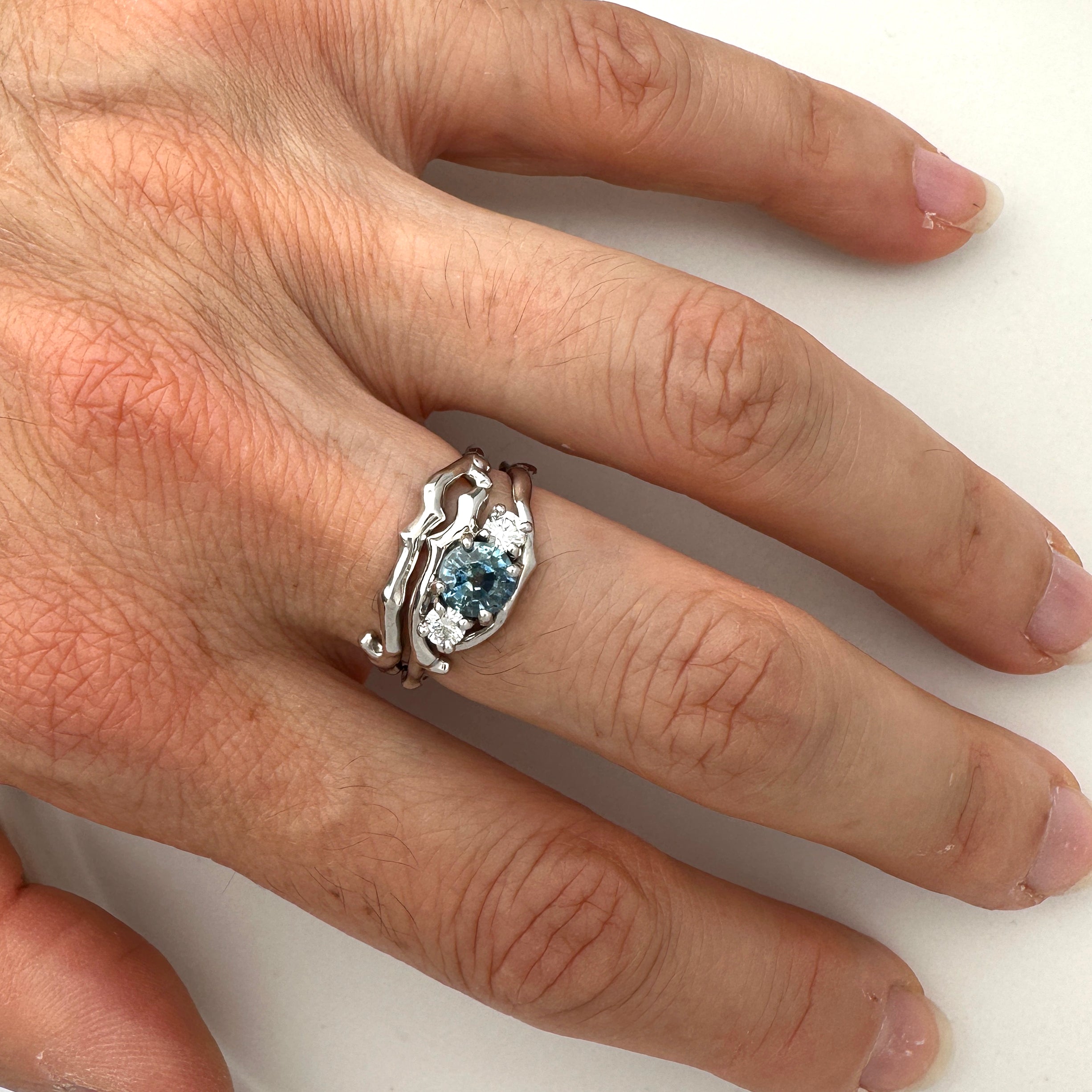 Cherry Twig Engagement and Wedding Ring Set in Platinum with Montana Sapphire and Canadamark Diamonds