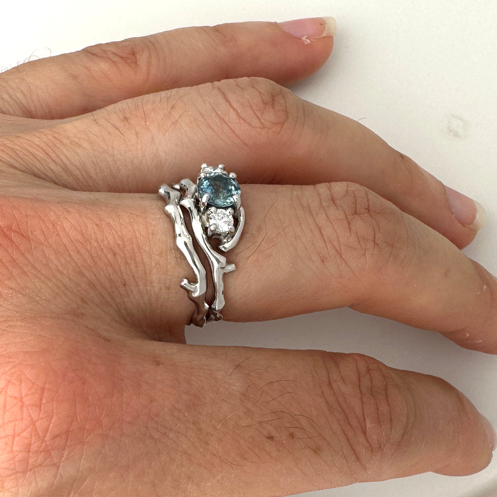 Cherry Twig Engagement and Wedding Ring Set in Platinum with Montana Sapphire and Canadamark Diamonds