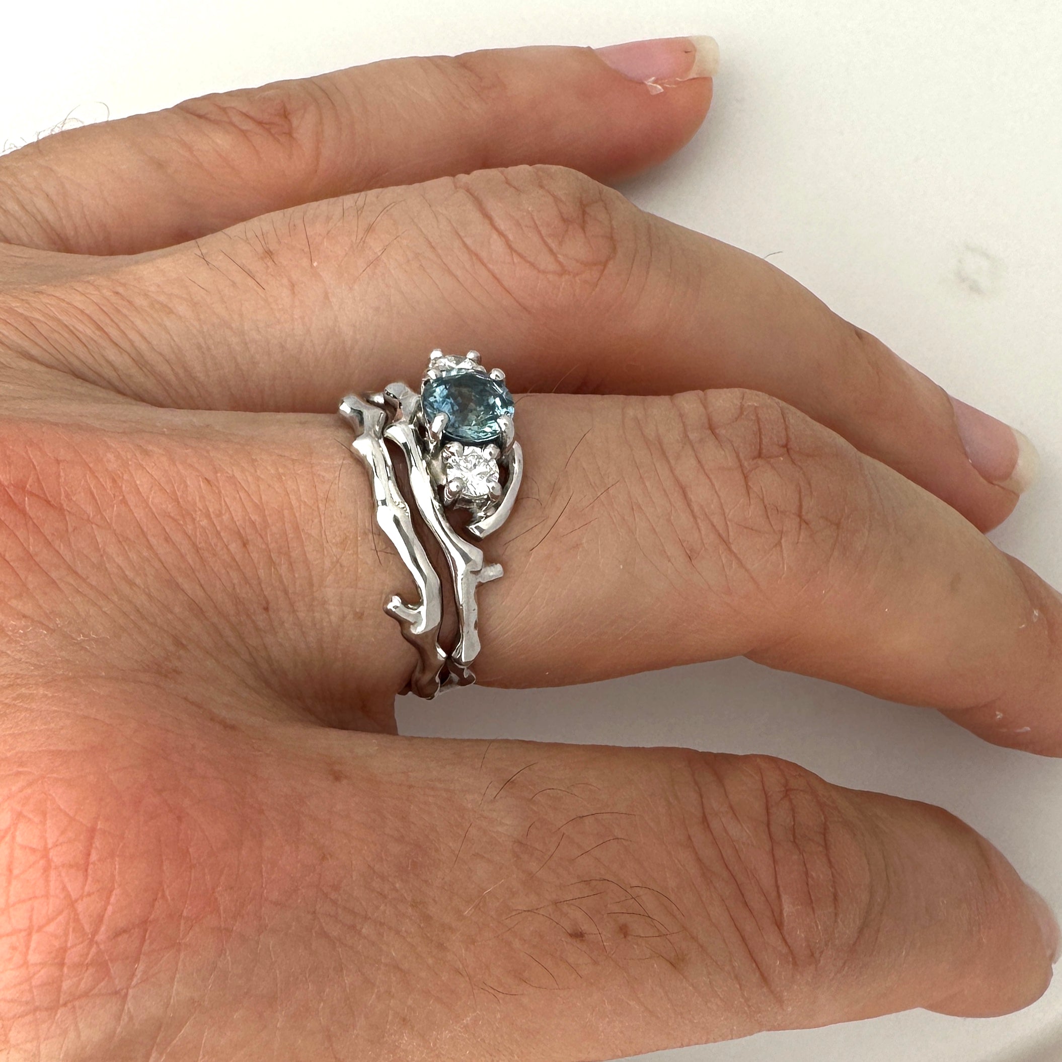 Cherry Twig Engagement and Wedding Ring Set in Platinum with Montana Sapphire and Canadamark Diamonds