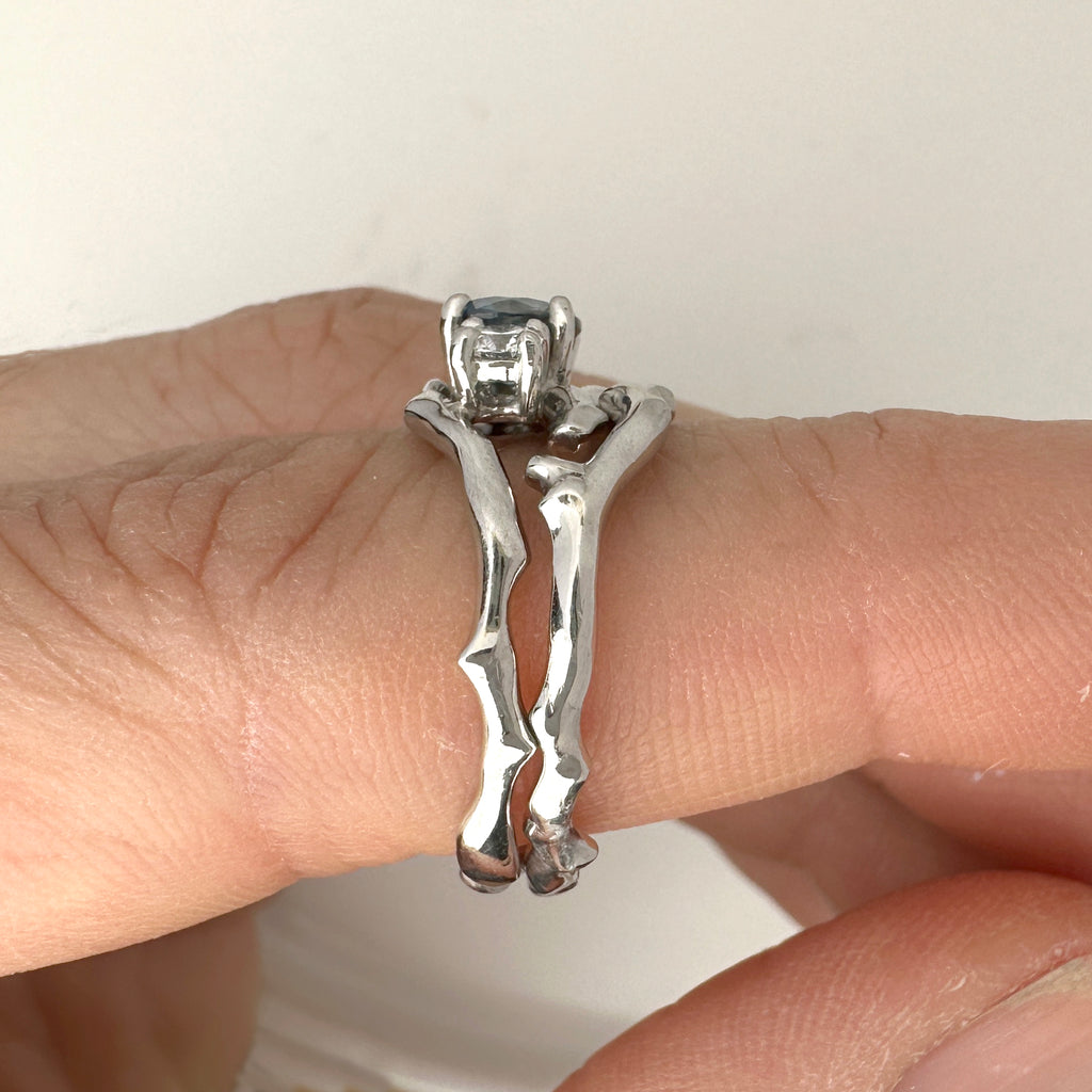 Cherry Twig Engagement and Wedding Ring Set in Platinum with Montana Sapphire and Canadamark Diamonds