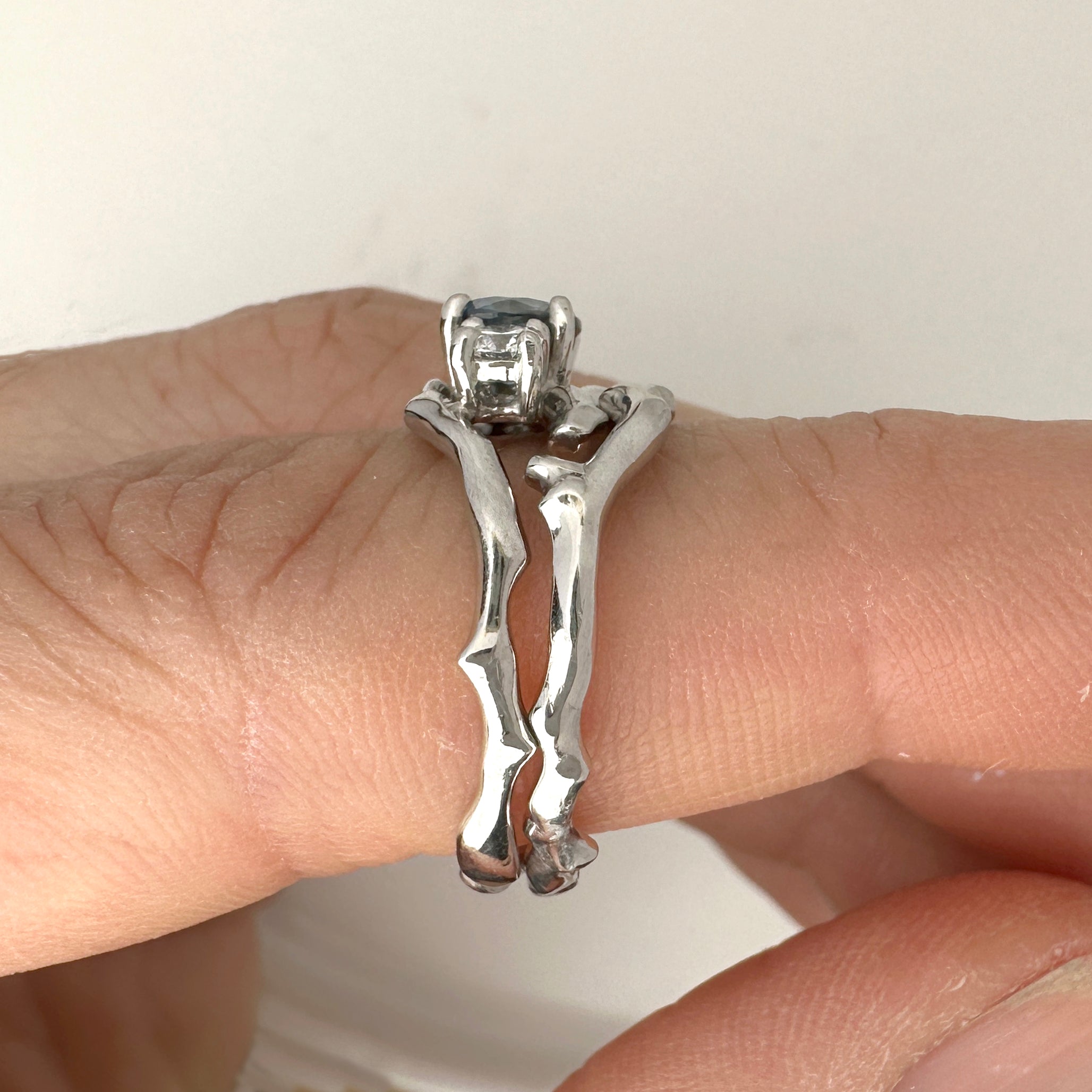 Cherry Twig Engagement and Wedding Ring Set in Platinum with Montana Sapphire and Canadamark Diamonds