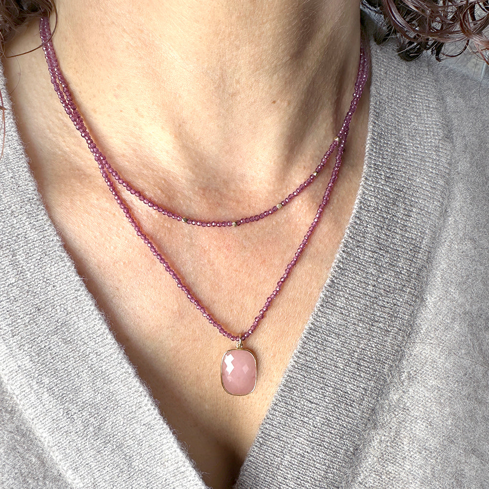 Beaded Necklace with Rhodolite Garnet and Solid Gold Nugget Beads