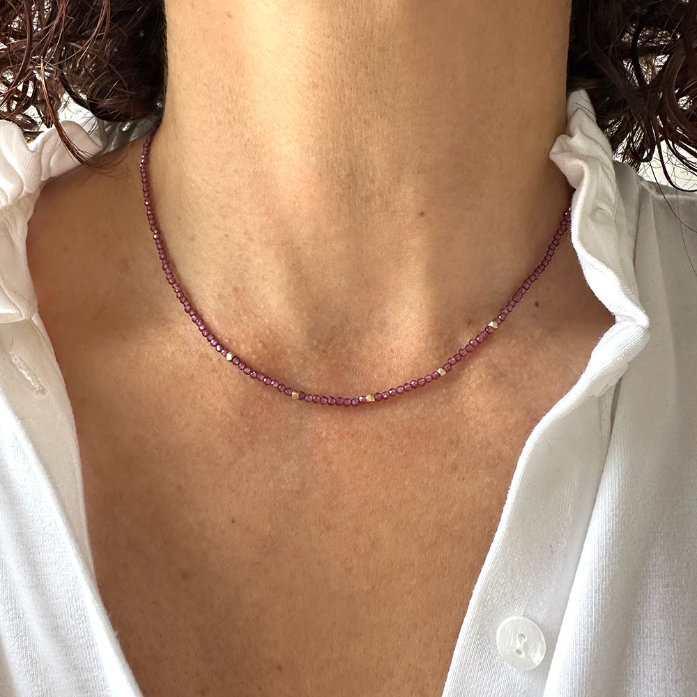 Beaded Necklace with Rhodolite Garnet and Solid Gold Nugget Beads