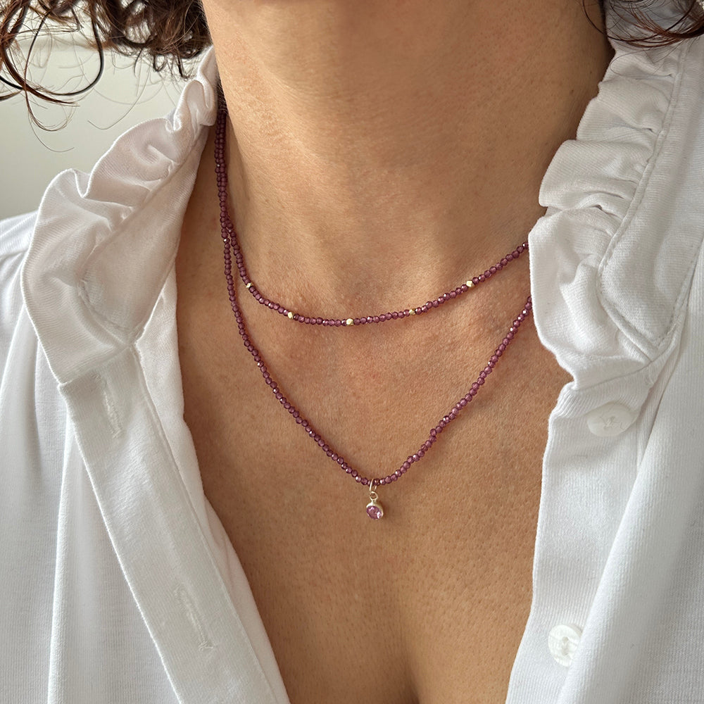 Beaded Necklace with Rhodolite Garnet and Solid Gold Nugget Beads