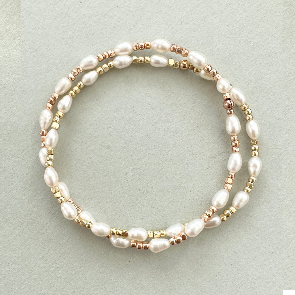 Stretch Bracelet Small Oval Freshwater Pearls with Metallic Nugget Beads