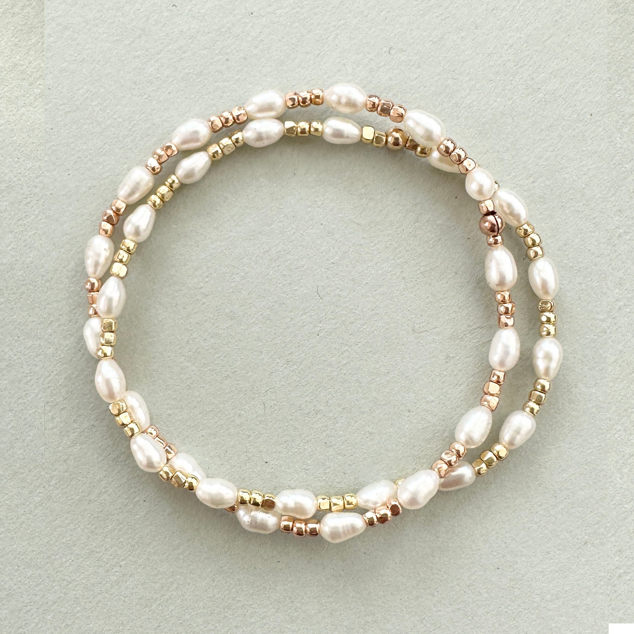 Stretch Bracelet Small Oval Freshwater Pearls with Metallic Nugget Beads