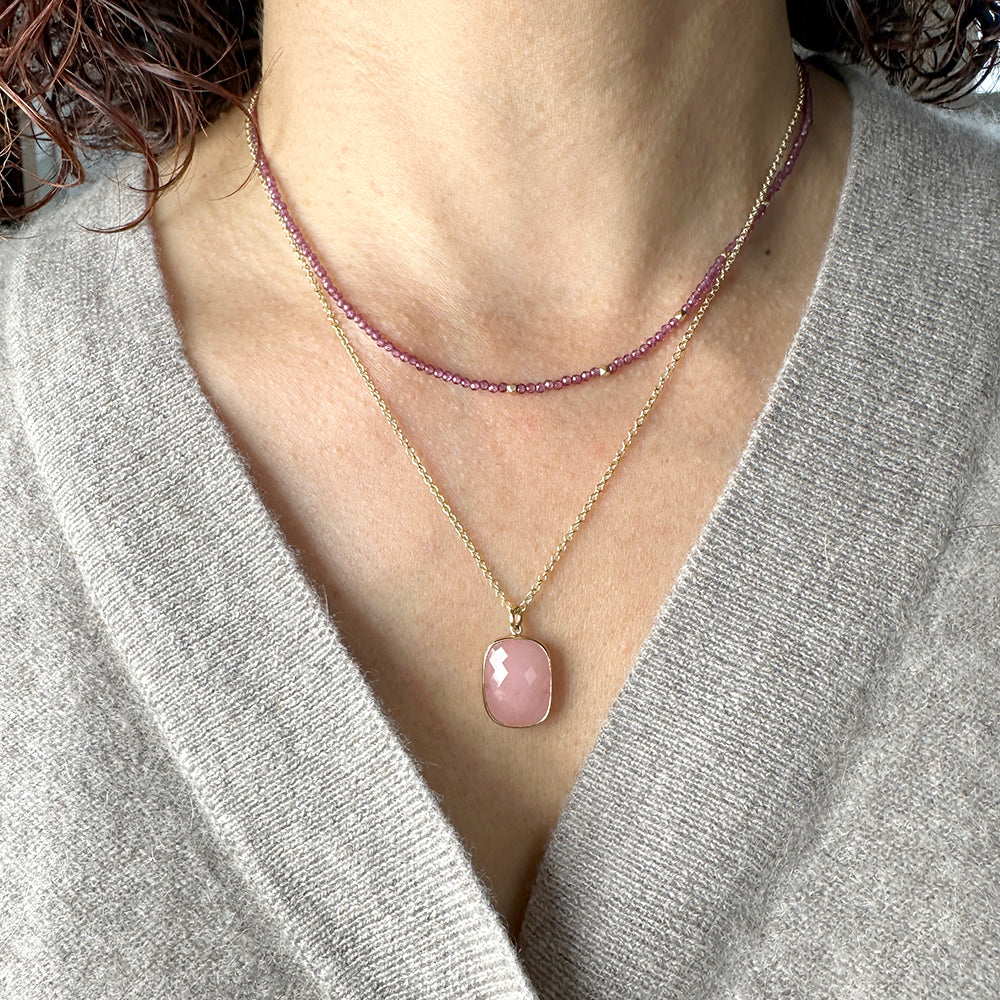 Beaded Necklace with Rhodolite Garnet and Solid Gold Nugget Beads