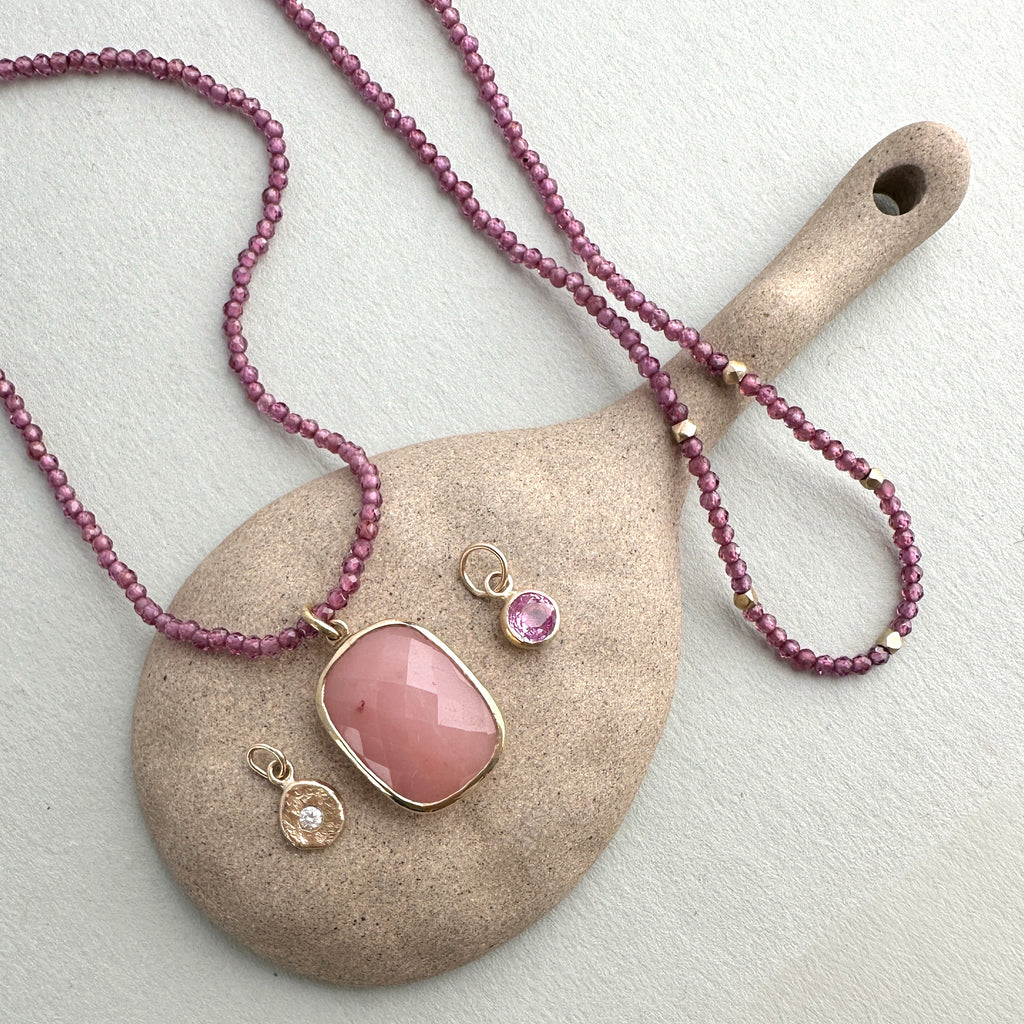 Beaded Necklace with Rhodolite Garnet and Solid Gold Nugget Beads